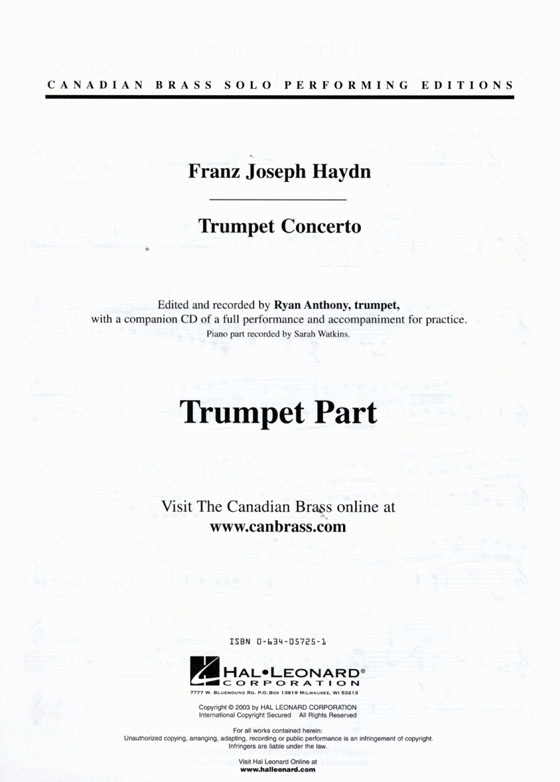 Haydn Trumpet Concerto for Trumpet & Piano【CD+樂譜】Canadian Brass Solo Performing Edition Haydn Trumpet Concerto for Trumpet & Piano【CD+樂譜】Canadian Brass Solo Performing Edition