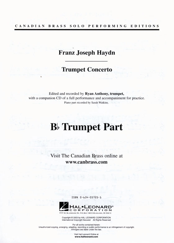 Haydn Trumpet Concerto for Trumpet & Piano【CD+樂譜】Canadian Brass Solo Performing Edition Haydn Trumpet Concerto for Trumpet & Piano【CD+樂譜】Canadian Brass Solo Performing Edition