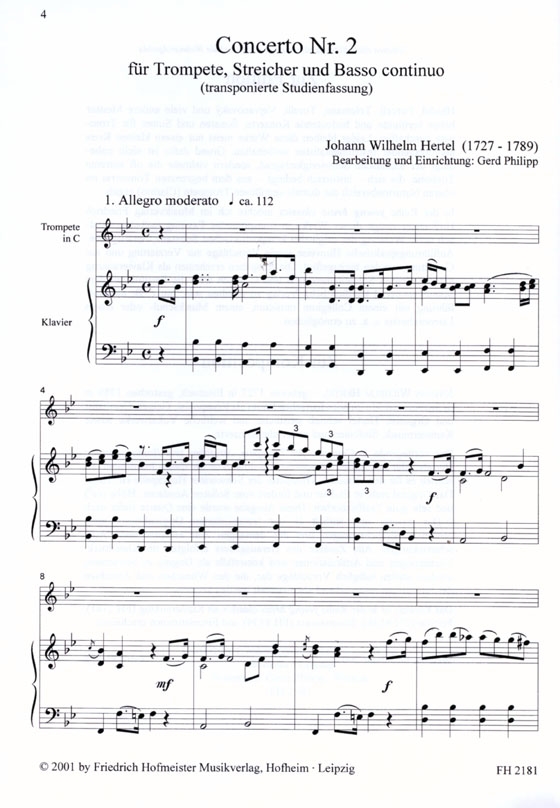 Johann Wilhelm Hertel【Concerto Nr. 2】für Trompete, Streicher und B.c.