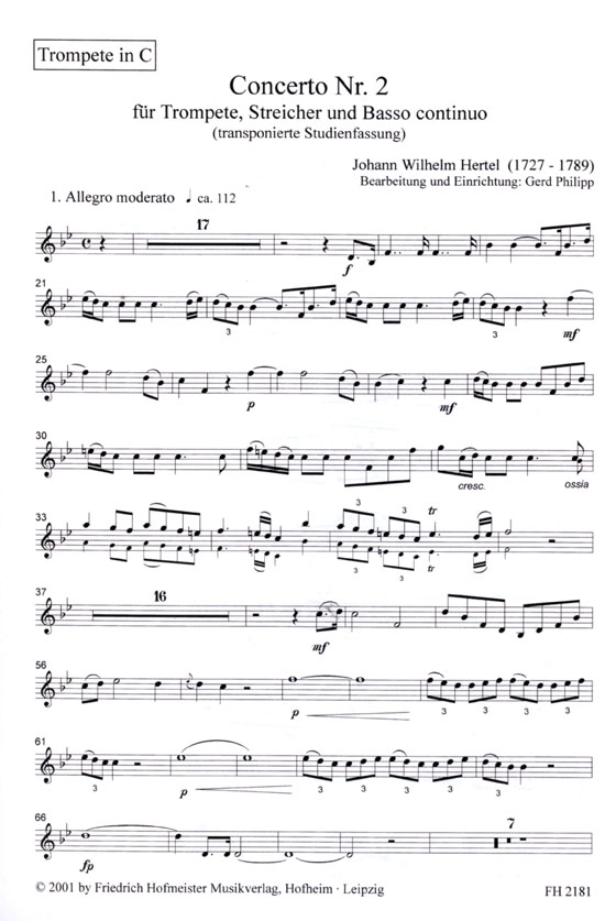Johann Wilhelm Hertel【Concerto Nr. 2】für Trompete, Streicher und B.c.