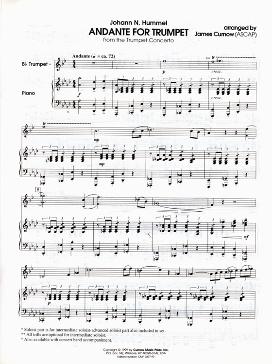Johann N. Hummel【Andante for Trumpet Soloworks】with Piano Accompaniment , Grade 3 Johann N. Hummel【Andante for Trumpet Soloworks】with Piano Accompaniment , Grade 3