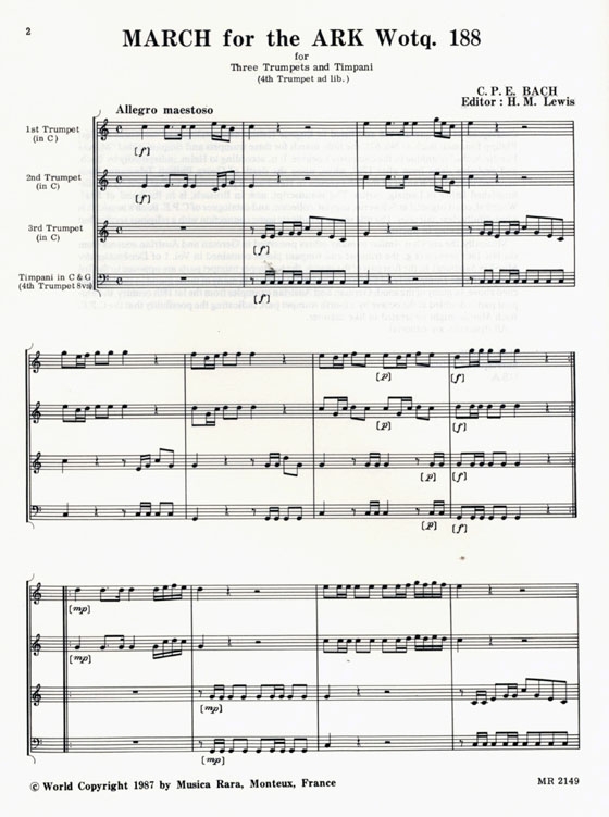 C. P. E Bach【March for the Ark ,Wotq 188】for Three Trumpets and Timpani (4th Trumpet ad lib)