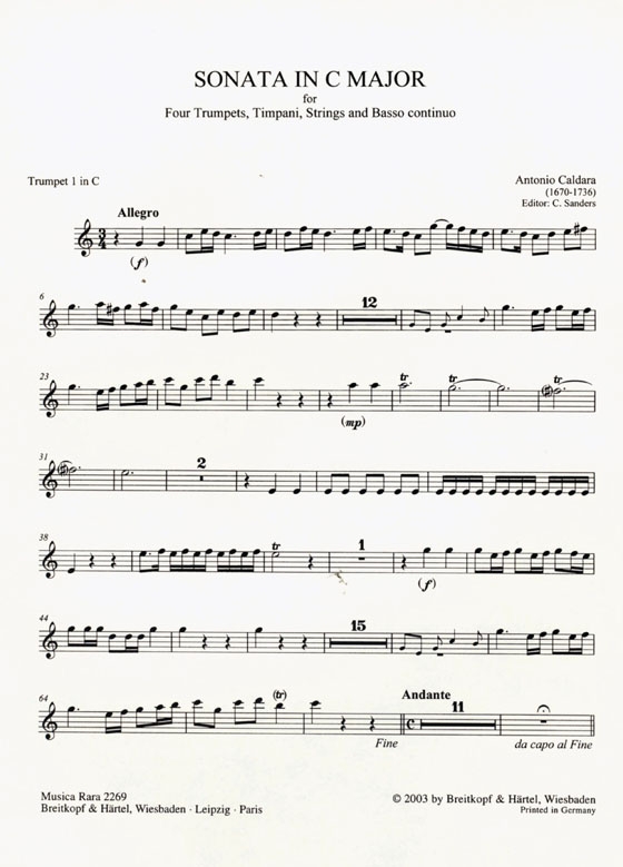 Antonio Caldara【Sonata in C Major】for 4 Trumpets, Timpani, Strings and Basso Continuo