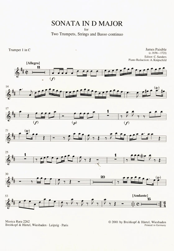 James Paisible【Sonata in D major】for 2 Trumpets, Strings ans Basso continuo