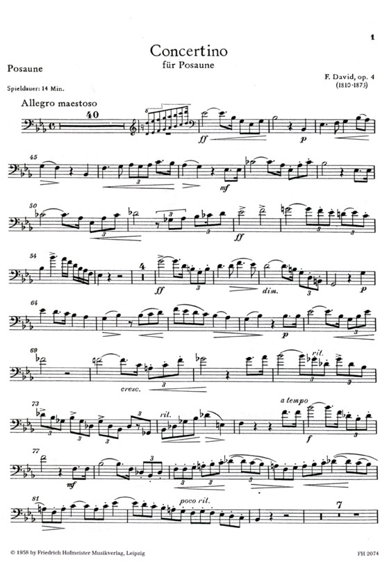 Ferdinand David【Concertion Es-Dur,  Op. 4】für Posaune und Orchester  , Fassung für Posaune und Klavier