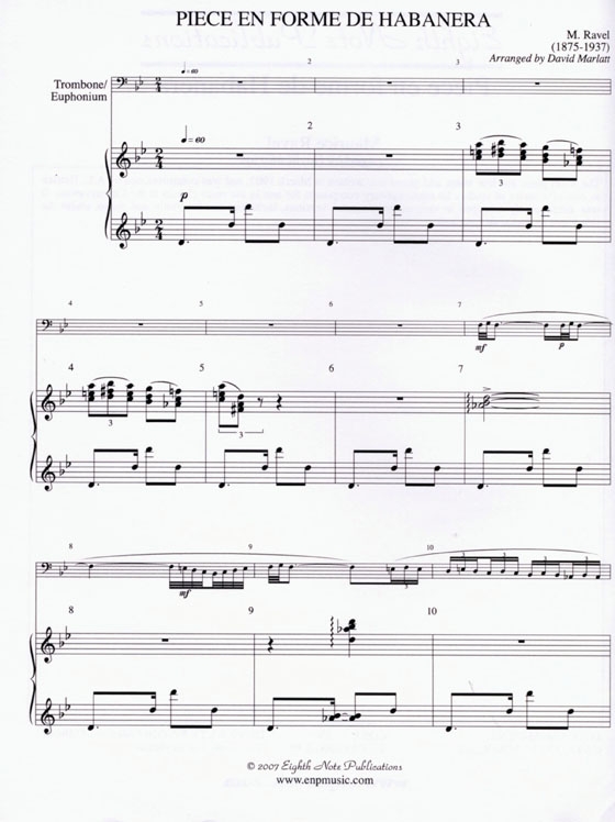 Maurice Ravel【Piece en forme de Habanera】for Trombone and Keyboard , Medium-Difficult