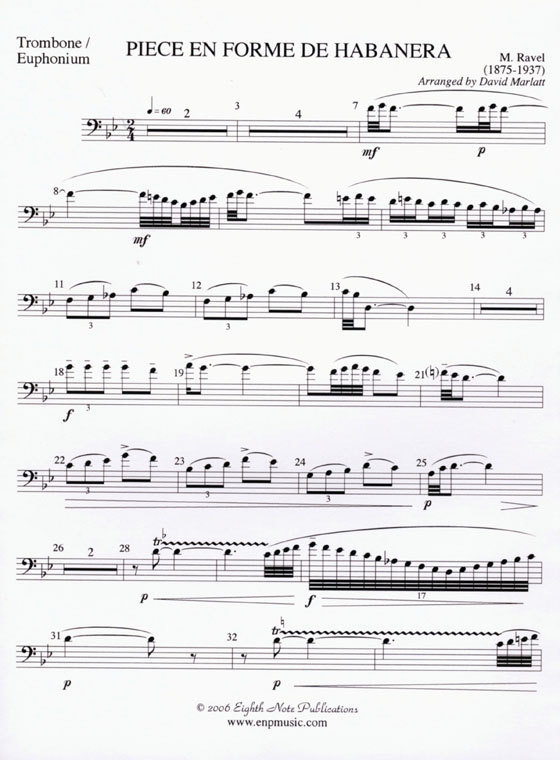 Maurice Ravel【Piece en forme de Habanera】for Trombone and Keyboard , Medium-Difficult