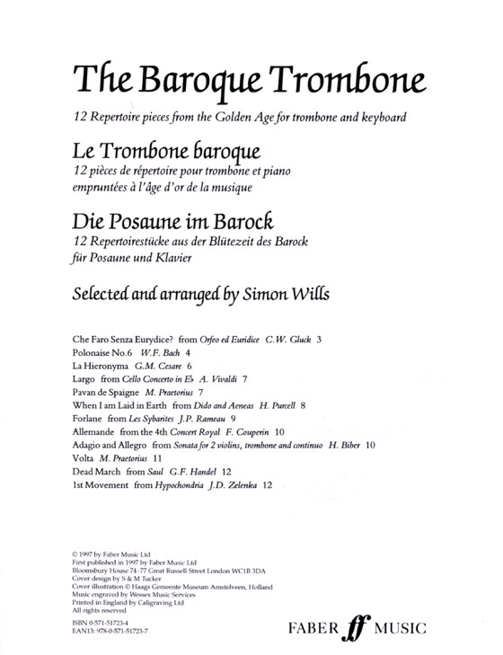 The Baroque Trombone【12 repertoire pieces from the Golden Age】for Trombone and Keyboard, intermediate-advanced
