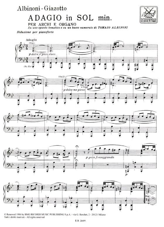 Tomaso Giovanni Albinoni【Adagio in Sol Min.】Piano Solo
