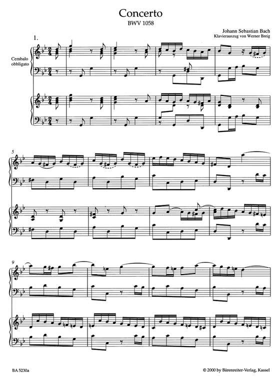 Bach【Concerto in g-Moll , BWV 1058】für Cembalo und Streicher , Klavierauszug