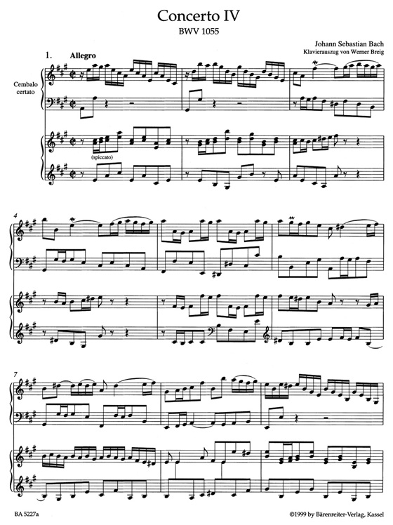 Bach【Concerto Nr.Ⅳ in A-Dur , BWV 1055】für Cembalo und Streicher, Klavierauszug Bach【Concerto Nr.Ⅳ in A-Dur , BWV 1055】für Cembalo und Streicher, Klavierauszug