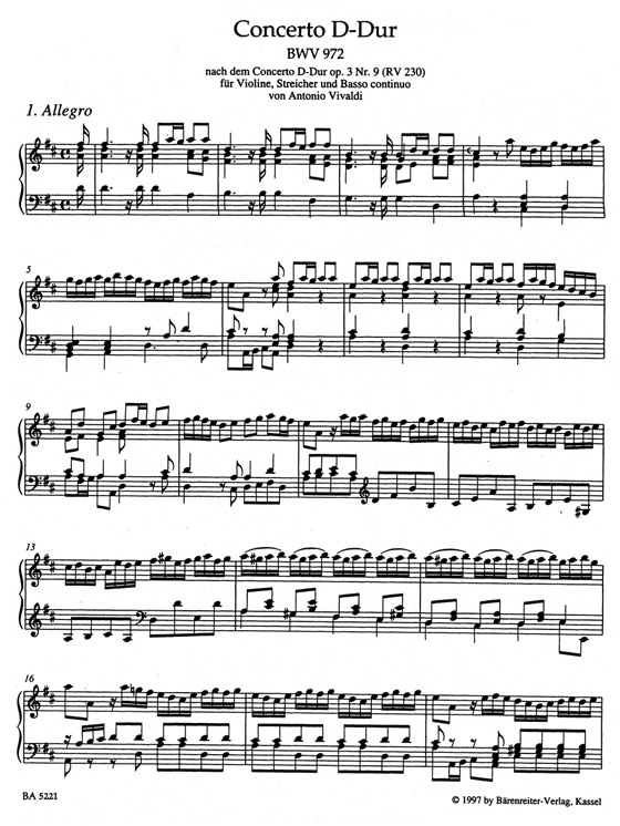 Bach【Klavierbearbeitungen fremder WerkeⅠ,BWV 972-977 】Sechs Concerti nach Vivaldi und anderen Bach【Klavierbearbeitungen fremder WerkeⅠ,BWV 972-977 】Sechs Concerti nach Vivaldi und anderen