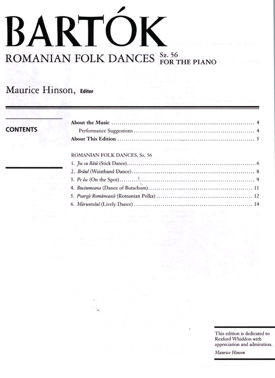 Béla Bartók【CD+樂譜】Romanian Folk Dances, Sz. 56 for the Piano