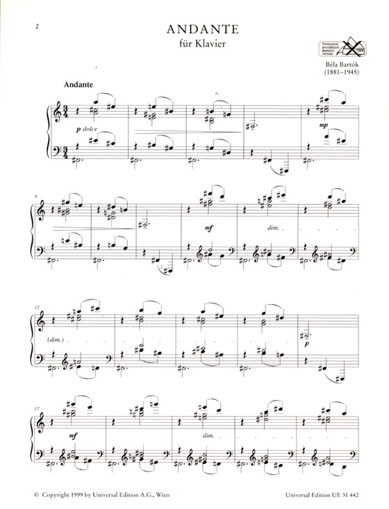 Béla Bartók【Andante】for The Piano