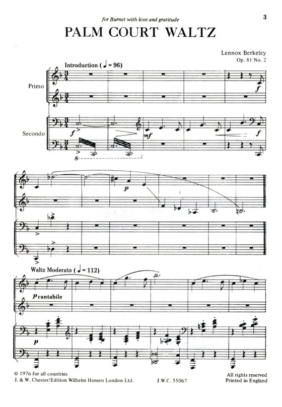Lennox Berkeley【Palm Court Waltz , Op. 81 No. 2】for Piano Duet