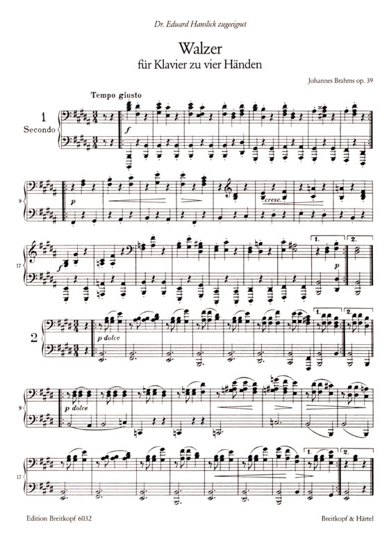 Johannes Brahms【Waltzes, Op. 39】für Klavier zu vier-Händen
