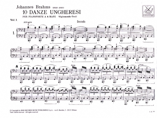 Brahms【Danze Ungheresi / Hungarian Dances】per Pianoforte A 4 Mani ,Volume 1(N. 1–10)