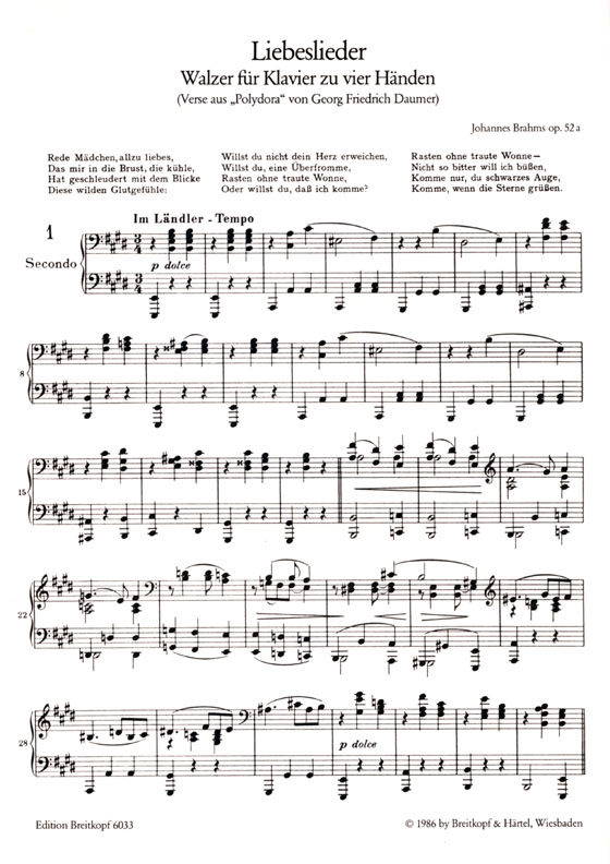 Johannes Brahms【Liebeslieder , Op. 52a】Walzer für Klavier zu vier Händen