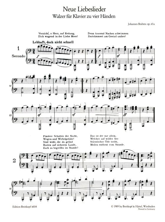 Johannes Brahms【Neue Liebeslieder , Op. 65a】Walzer für Klavier zu vier Händen