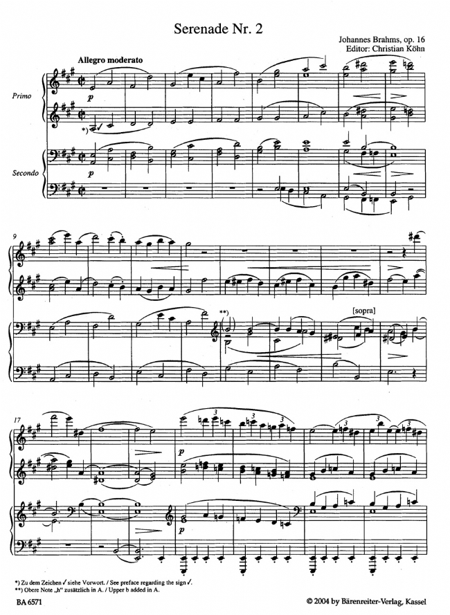 Johannes Brahms【Serenade Nr. 2 A-Dur , Op. 16】für Klavier zu vier Händen