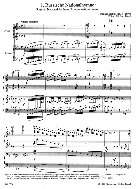 Johannes Brahms【Souvenir de la Russie , Six fantaisies】pour piano a quatre mains