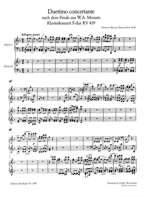 Busoni Duettino【Duettino Concertante】 nach dem Finale aus W.A. Mozarts Klavierkonzert F-dur , KV 459  für zwei Klaviere