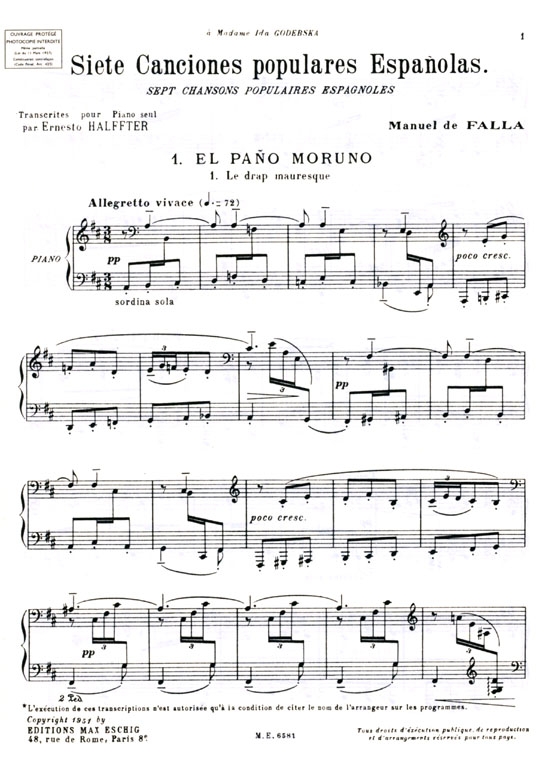 Manuel de Falla【Siete Canciones Populares Espanolas】Piano Seul