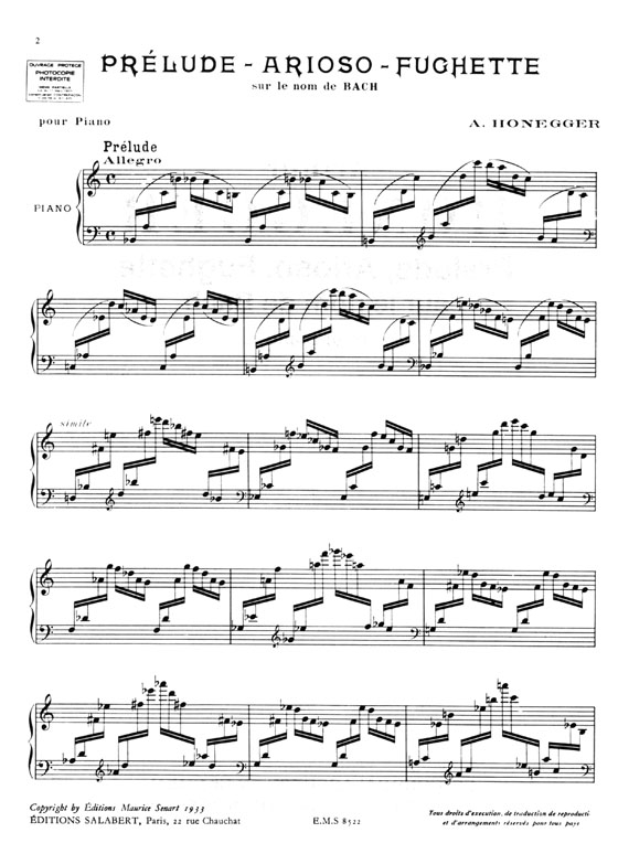 Honegger【Prelude, Arioso, Fughette sur le nom de Bach】Pour Piano