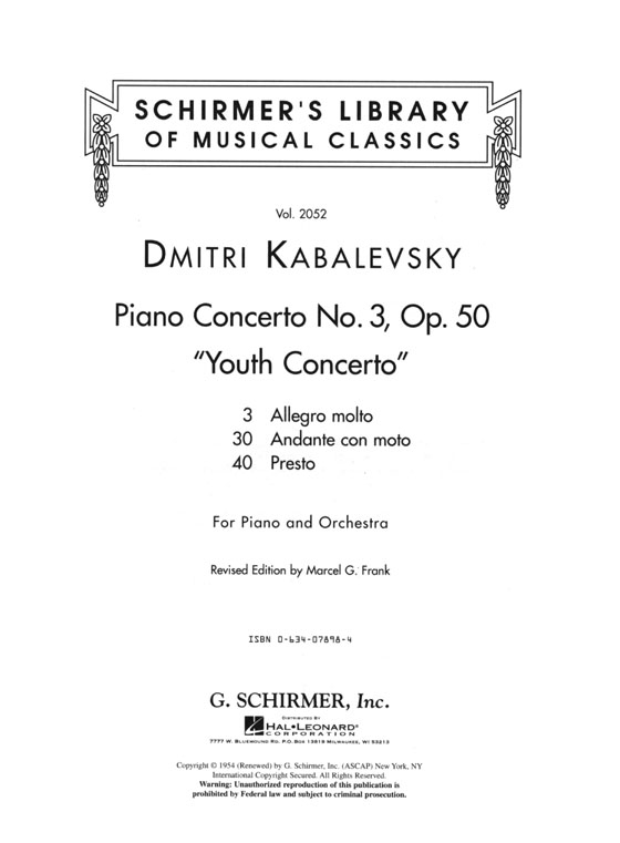 Kabalevsky【Piano Concerto No. 3 , Op. 50 (Youth Concerto)】Two Pianos / Four Hands