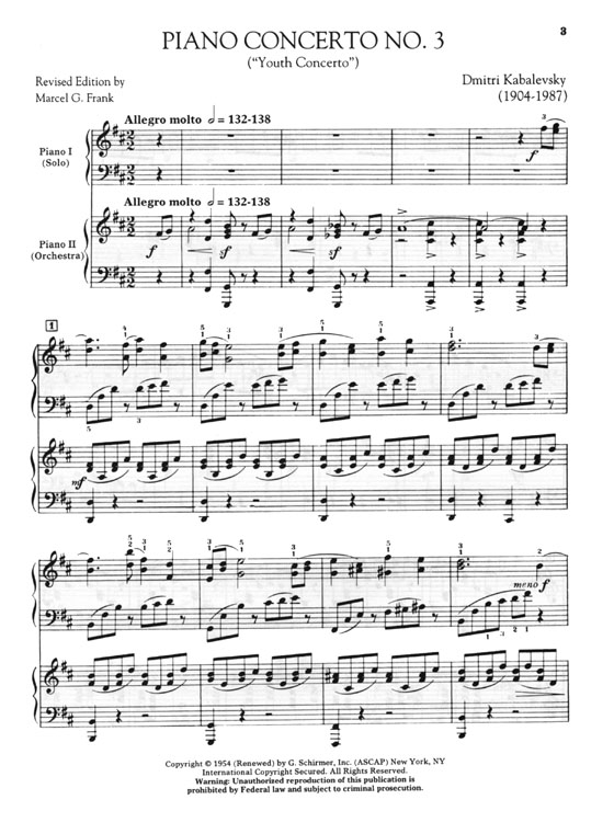 Kabalevsky【Piano Concerto No. 3 , Op. 50 (Youth Concerto)】Two Pianos / Four Hands