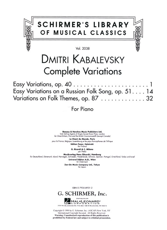 Kabalevsky【Complete Variations Op. 40, Op. 51, Op. 87】For Piano Kabalevsky【Complete Variations Op. 40, Op. 51, Op. 87】For Piano