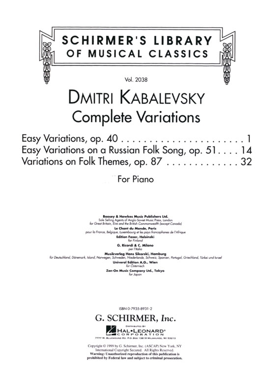 Kabalevsky【Complete Variations Op. 40, Op. 51, Op. 87】For Piano