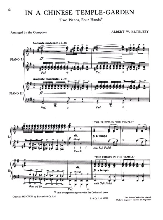 Ketelbey【In A Chinese Temple-Garden , Oriental Phantasy 】for Two Pianos , Four Hands Ketelbey【In A Chinese Temple-Garden , Oriental Phantasy 】for Two Pianos , Four Hands
