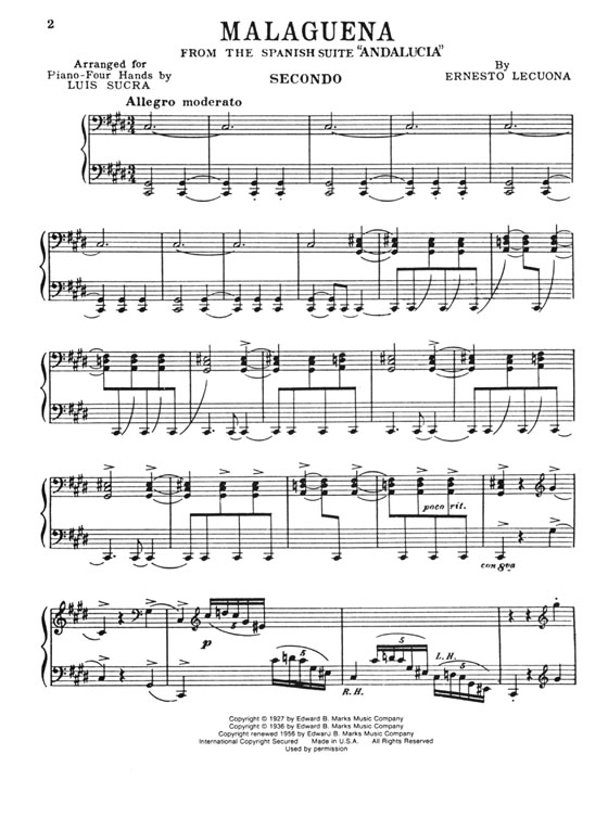 Ernesto Lecuona【Malaguena , From Andalucia(Suite Espagnole)】For Piano , Four Hands