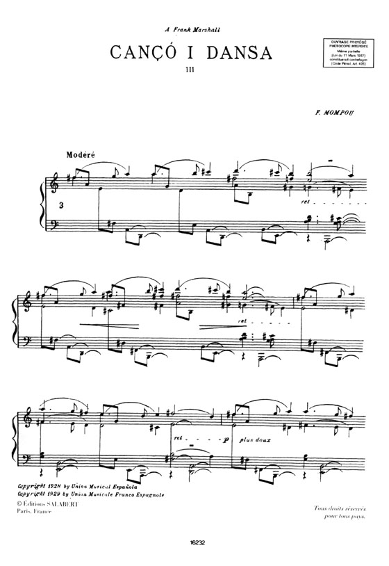 Mompou【Cancion y Danza No. Ⅲ】Pour Piano