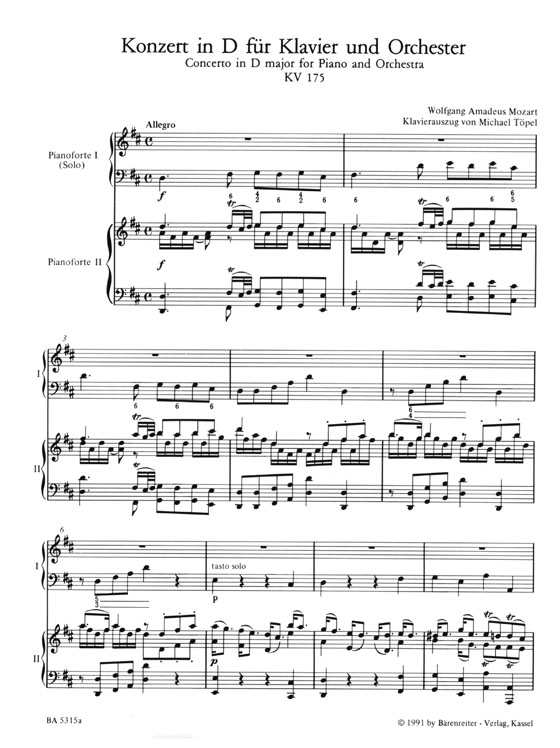 Mozart【Concerto in D major No. 5 , KV175 , Rondo 382】for Piano and Orchestra, Piano Reduction