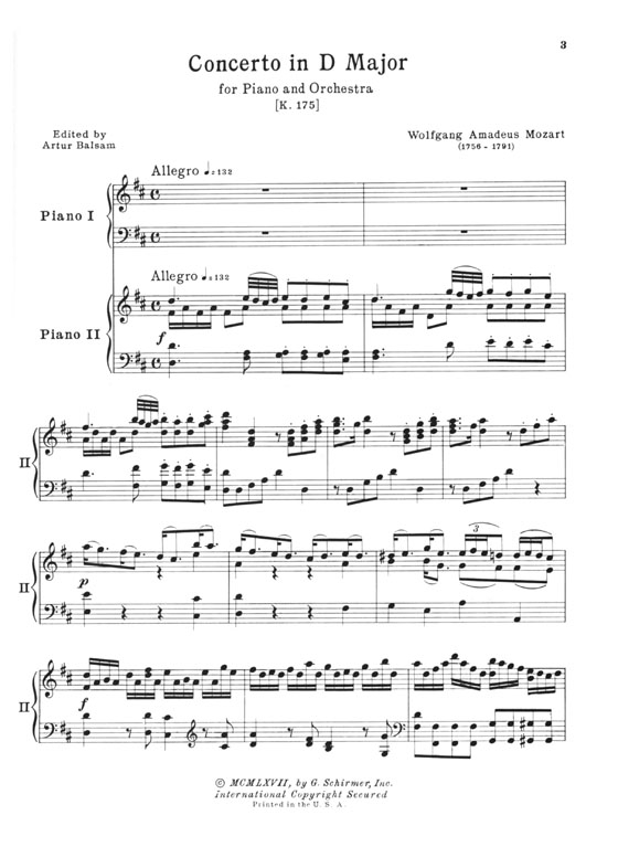 Mozart【Concerto in D major , K. 175】for the Piano ,Two-Piano Score