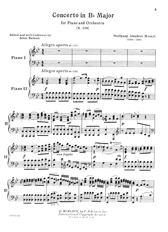 Mozart【Concerto No. 6 in B♭ major, K. 238】for the Piano ,Two-Piano Score