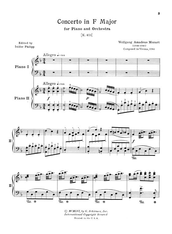 Mozart【Concerto No. 11 in F major , K. 413】for the Piano , Two-Piano Score