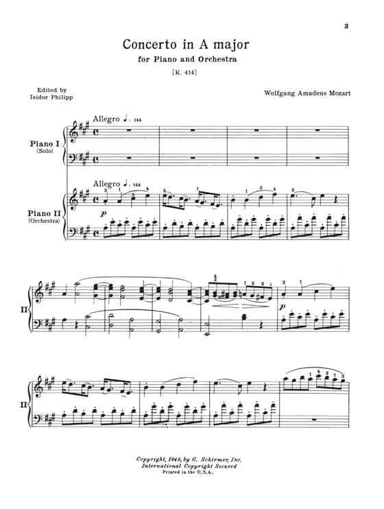 Mozart【Concerto No. 12 in A major K. 414】for the Piano ,Two-Piano Score