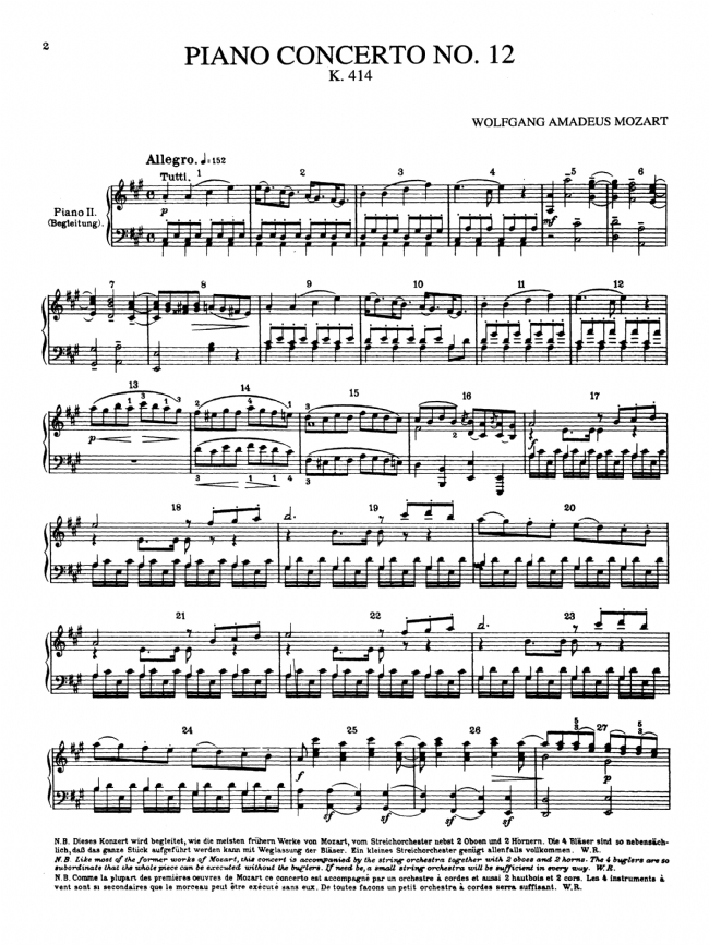 Mozart【Piano Concerto No. 12 , K. 414 in A Major】for Two Pianos / Four Hands