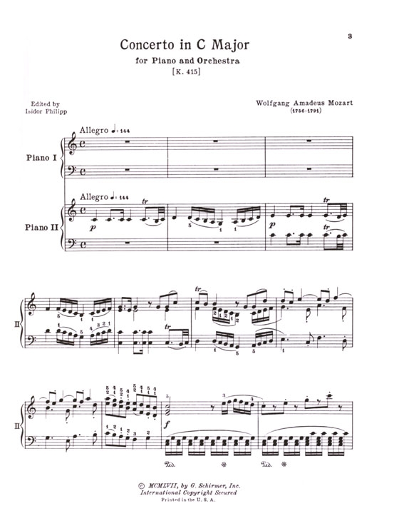 Mozart【Concerto No. 13 in C major , K. 415】for the Piano , Two-Piano Score
