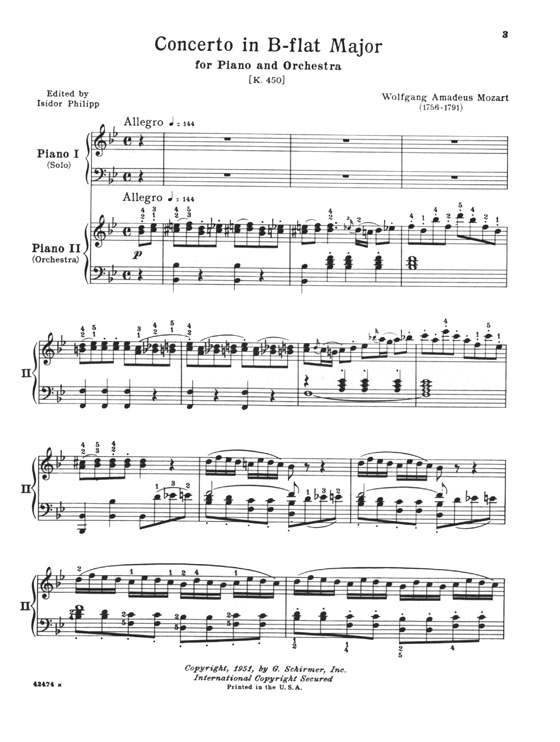 Mozart【Concerto No. 15 in B♭major , K. 450】for the Piano , Two-Piano Score