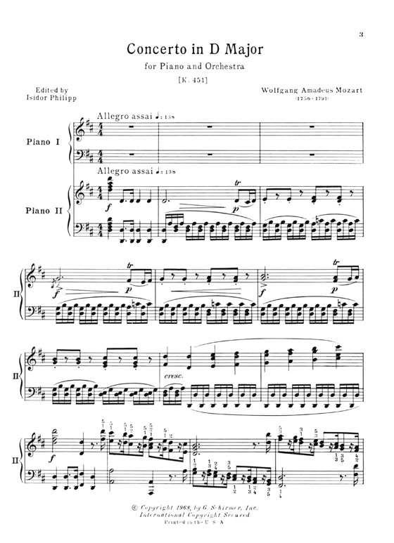 Mozart【Concerto No. 16 in D major , K. 451】for the Piano , Two-Piano Score