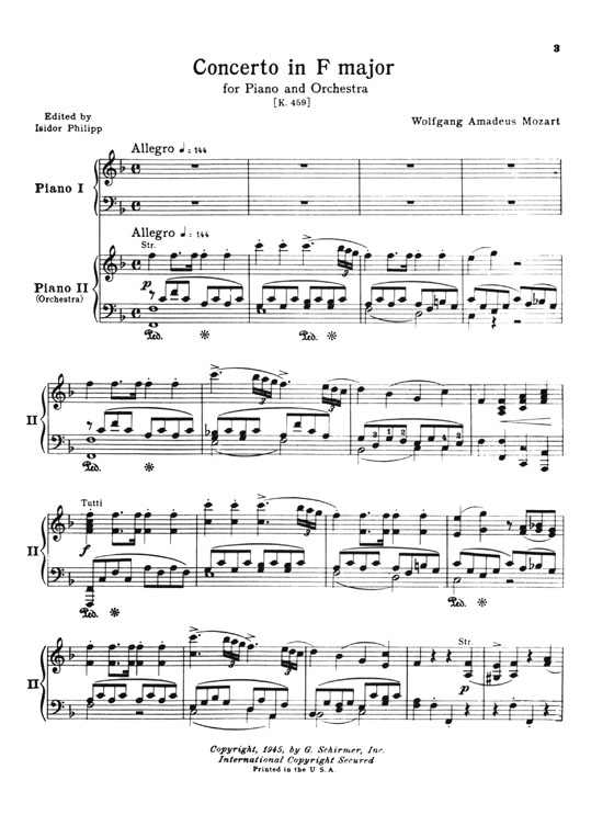 Mozart【Concerto No. 19 in F major , K.459 】for the Piano , Two-Piano Score