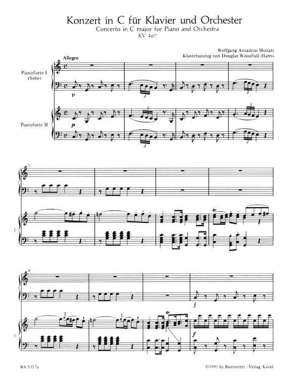 Mozart【Concerto in C major No. 21 , KV467】for Piano and Orchestra , Piano Reduction