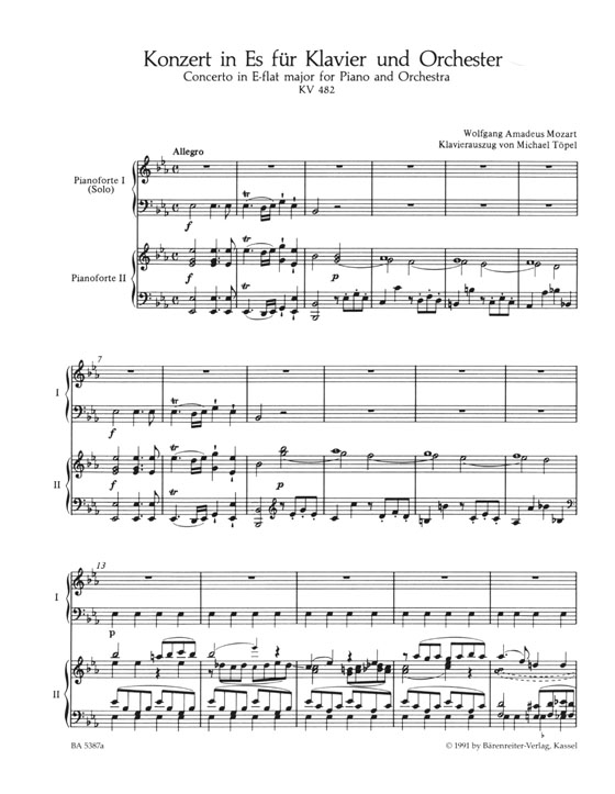 Mozart【Concerto in E-flat major , KV 482】for Piano and Orchestra, Piano Reduction