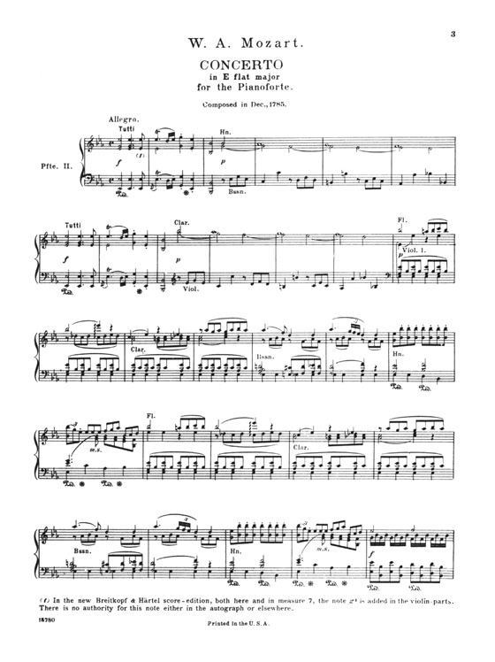 Mozart【Concerto No. 22 in E-flat major , K. 482】for the Piano , Two-Piano Score