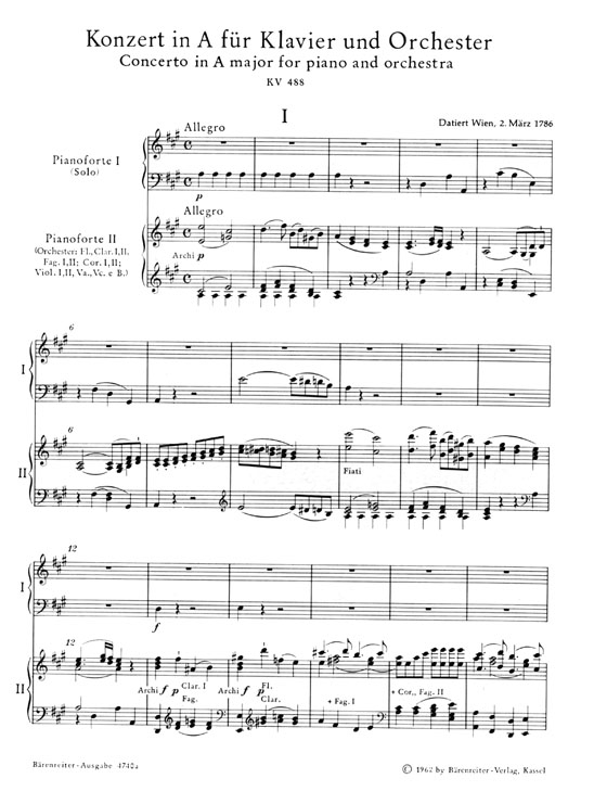 Mozart【Concerto in A major No. 23 , KV488】for Piano and Orchestra, Piano Reduction
