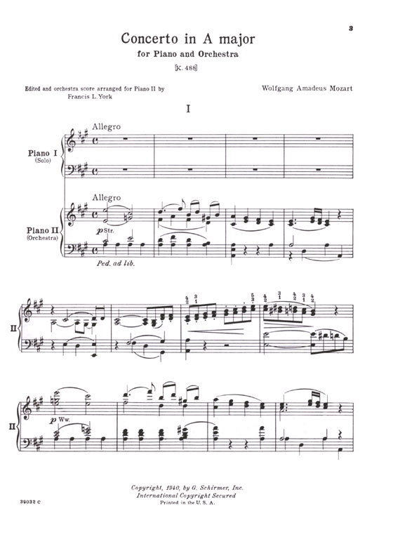 Mozart【Concerto No. 23 in A major , K.488】for the Piano , Two-Piano Score